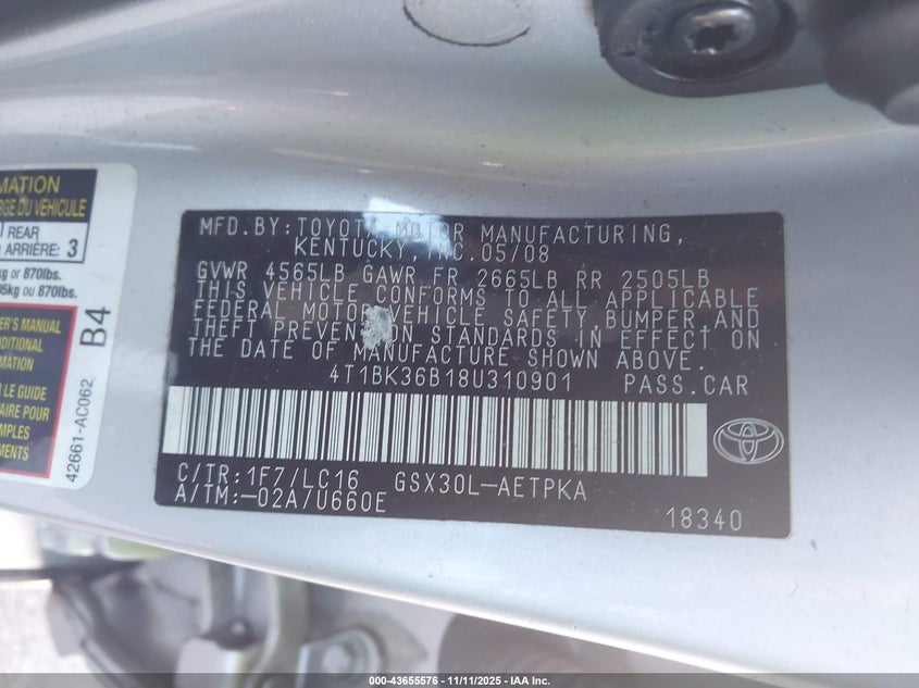 2008 Toyota Avalon Limited VIN: 4T1BK36B18U310901 Lot: 43655576