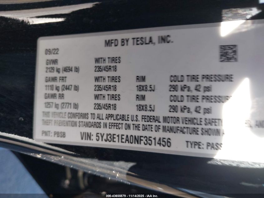 2022 Tesla Model 3 Rear-Wheel Drive VIN: 5YJ3E1EA0NF351456 Lot: 43655579