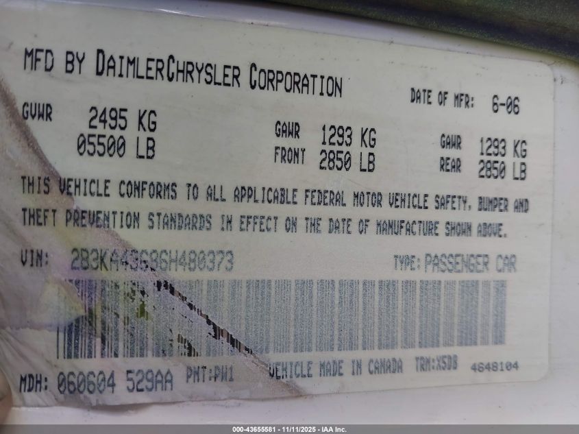 2006 Dodge Charger VIN: 2B3KA43G96H480373 Lot: 43655581