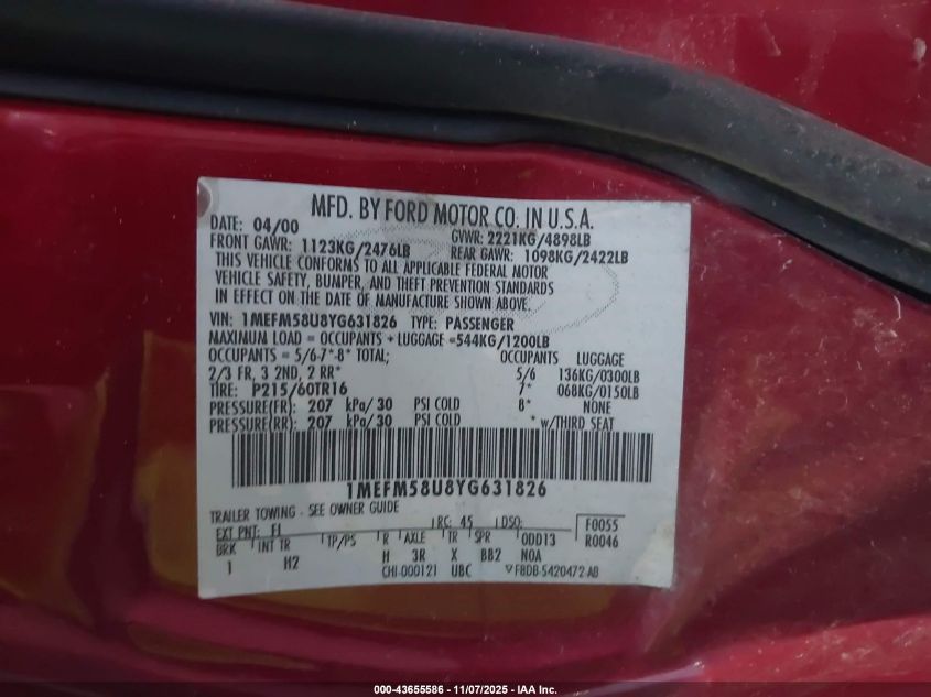 2000 Mercury Sable Gs VIN: 1MEFM58U8YG631826 Lot: 43655586