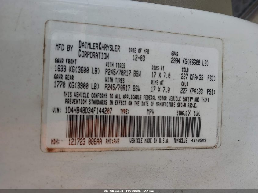 2004 Dodge Durango Slt VIN: 1D4HB48D34F144207 Lot: 43655588