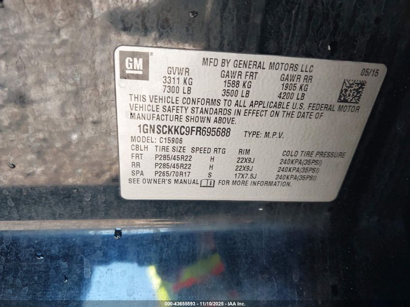 2015 Chevrolet Suburban 1500 Ltz VIN: 1GNSCKKC9FR695688 Lot: 43655593