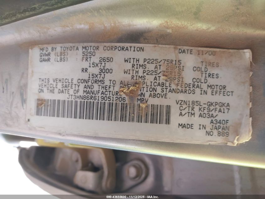 2001 Toyota 4Runner Sr5 V6 VIN: JT3HN86R619051206 Lot: 43655600