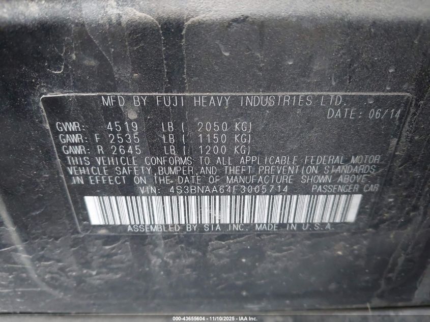 2015 Subaru Legacy 2.5I VIN: 4S3BNAA64F3005714 Lot: 43655604