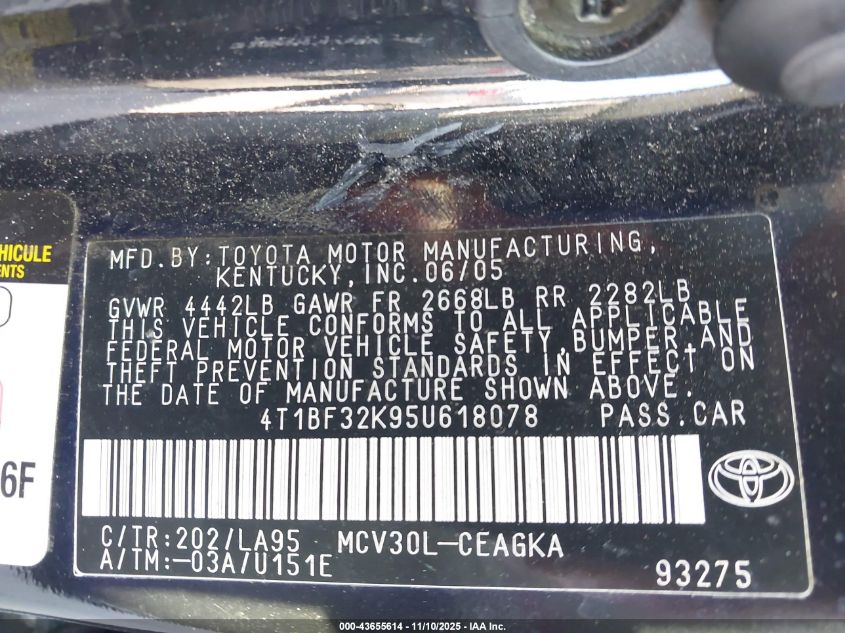 2005 Toyota Camry Xle V6 VIN: 4T1BF32K95U618078 Lot: 43655614