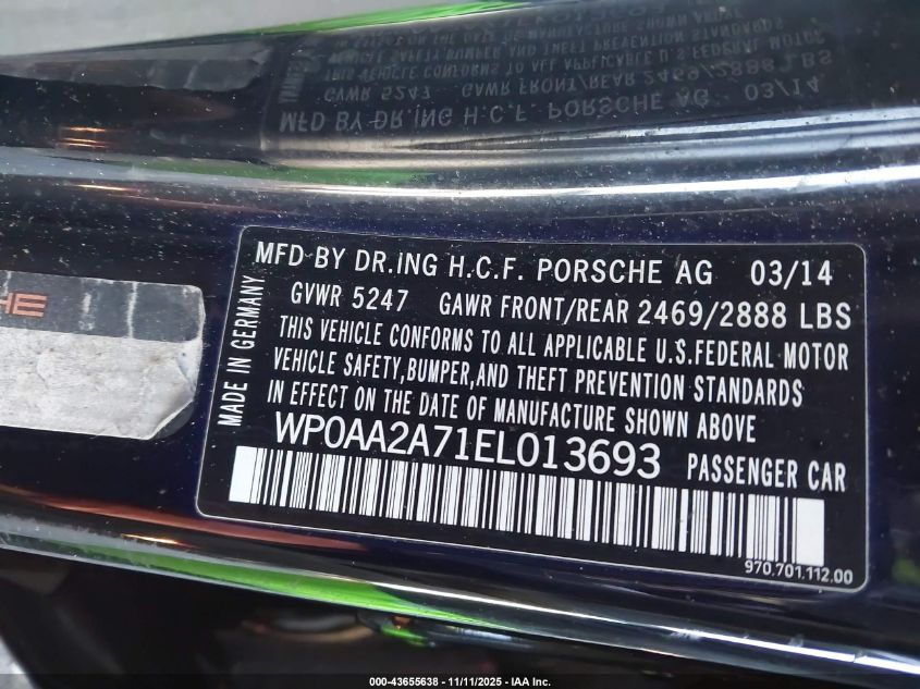2014 Porsche Panamera 4 VIN: WP0AA2A71EL013693 Lot: 43655638