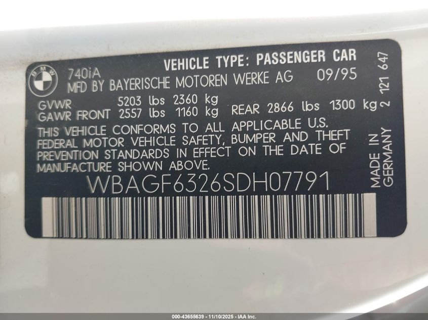 1995 BMW 740 I Automatic VIN: WBAGF6326SDH07791 Lot: 43655639