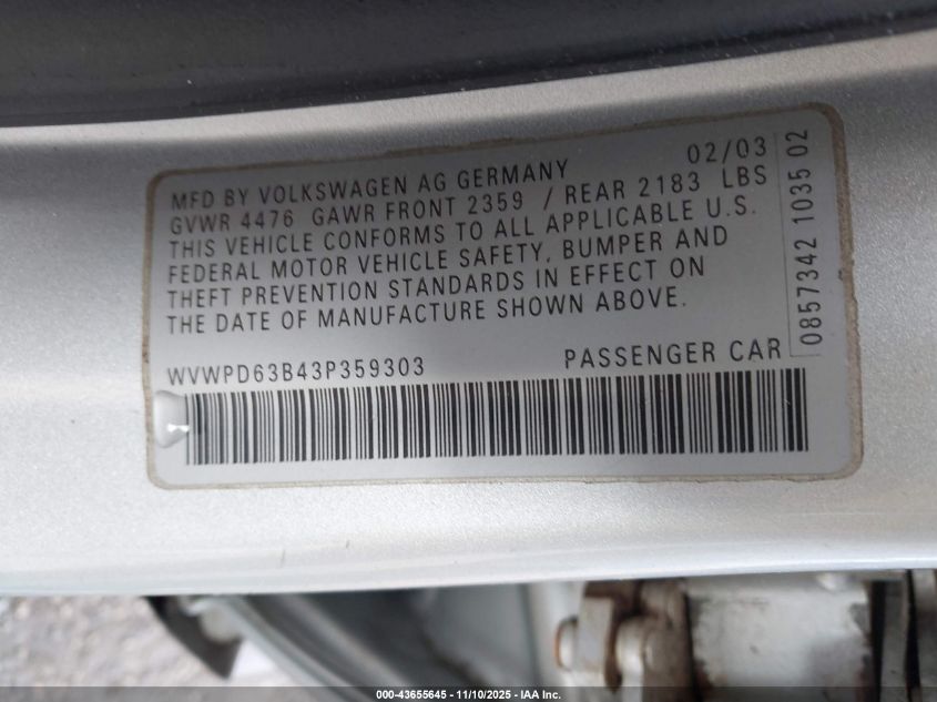 2003 Volkswagen Passat Gls VIN: WVWPD63B43P359303 Lot: 43655645