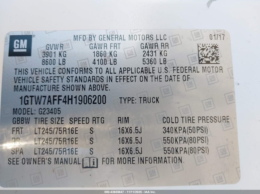 2017 GMC Savana 2500 Work Van VIN: 1GTW7AFF4H1906200 Lot: 43655647