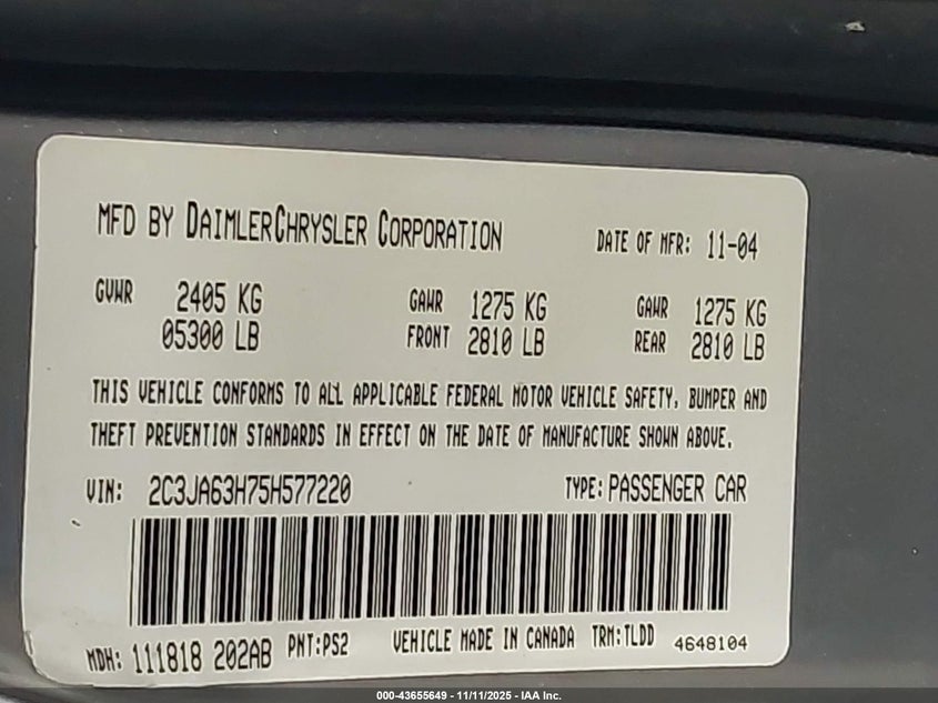 2005 Chrysler 300C VIN: 2C3JA63H75H577220 Lot: 43655649