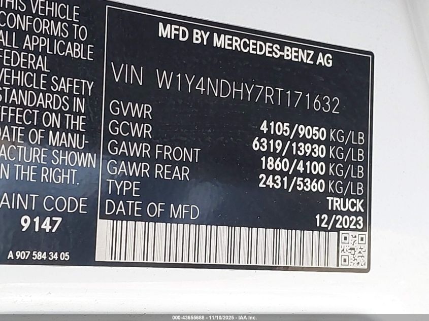 2024 Mercedes-Benz Sprinter 2500 High Roof 4-Cyl Diesel Ho VIN: W1Y4NDHY7RT171632 Lot: 43655688