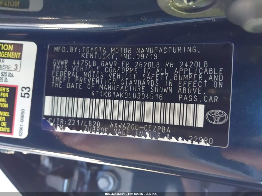 2020 Toyota Camry Xse VIN: 4T1K61AK0LU304516 Lot: 43655691