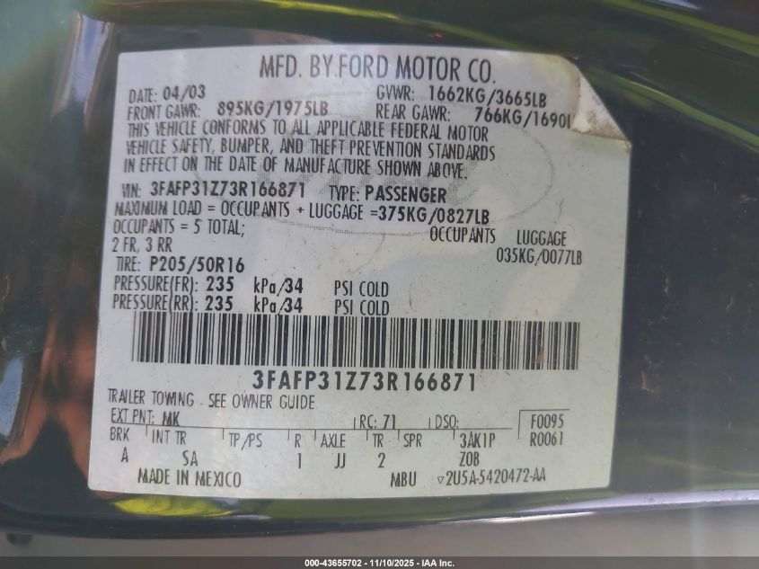 2003 Ford Focus Zx3 VIN: 3FAFP31Z73R166871 Lot: 43655702