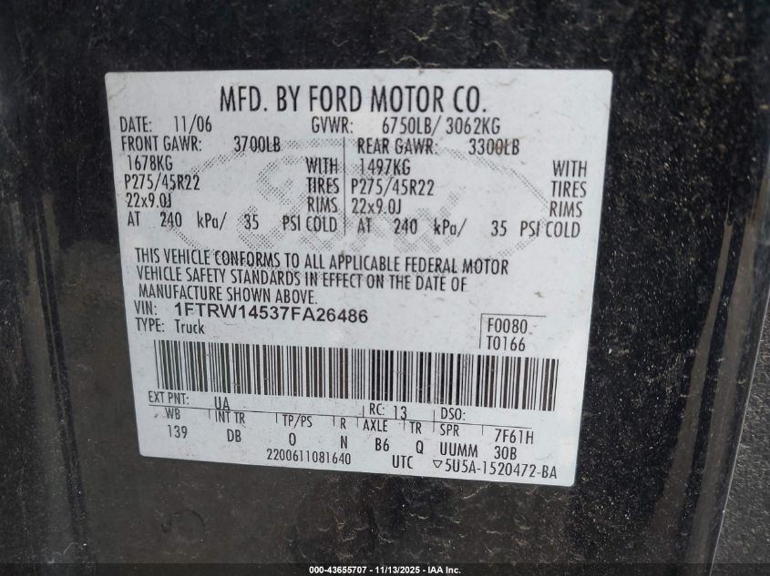 2007 Ford F-150 Lariat VIN: 1FTRW14537FA26486 Lot: 43655707