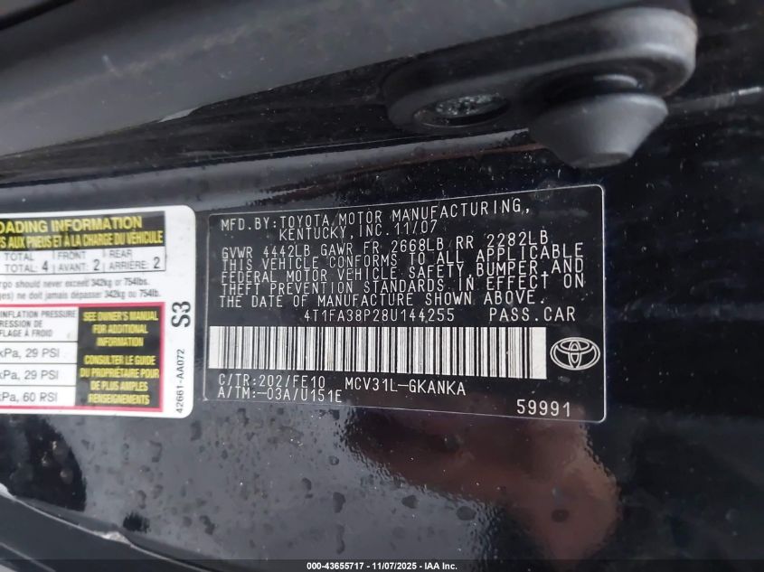 2008 Toyota Camry Solara Se VIN: 4T1FA38P28U144255 Lot: 43655717