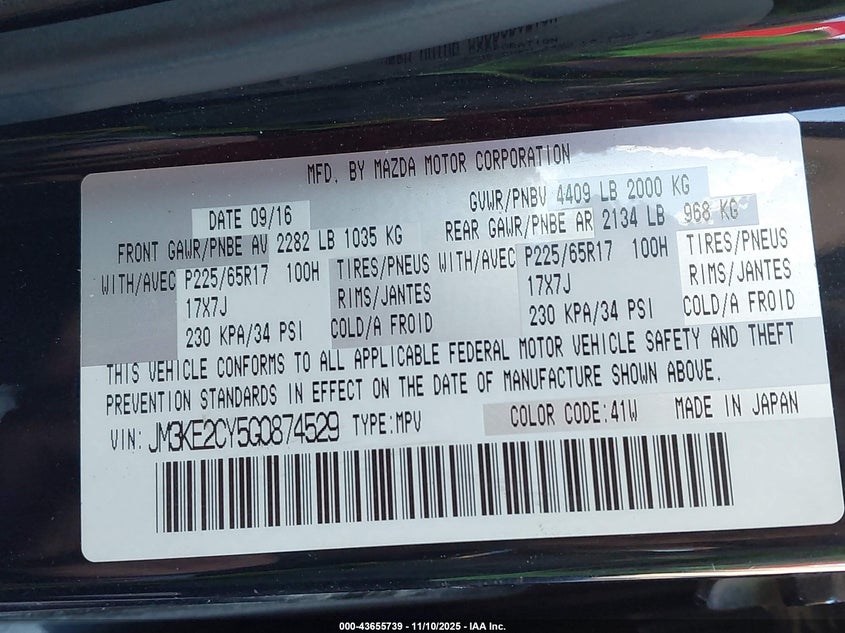 2016 Mazda Cx-5 Touring VIN: JM3KE2CY5G0874529 Lot: 43655739