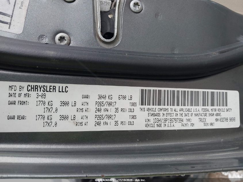 2009 Dodge Ram 1500 Slt/Sport/Trx VIN: 1D3HV18P19S797394 Lot: 43655751