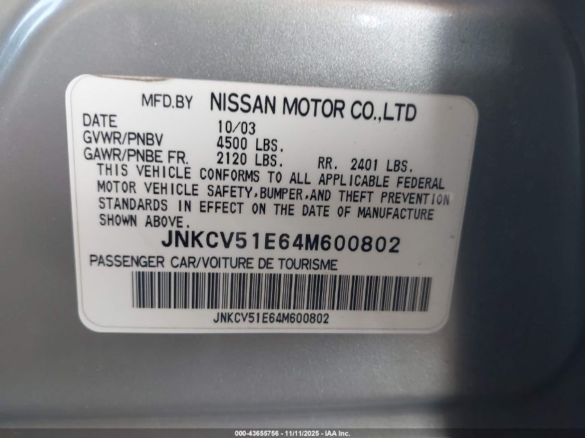 2004 Infiniti G35 VIN: JNKCV51E64M600802 Lot: 43655756