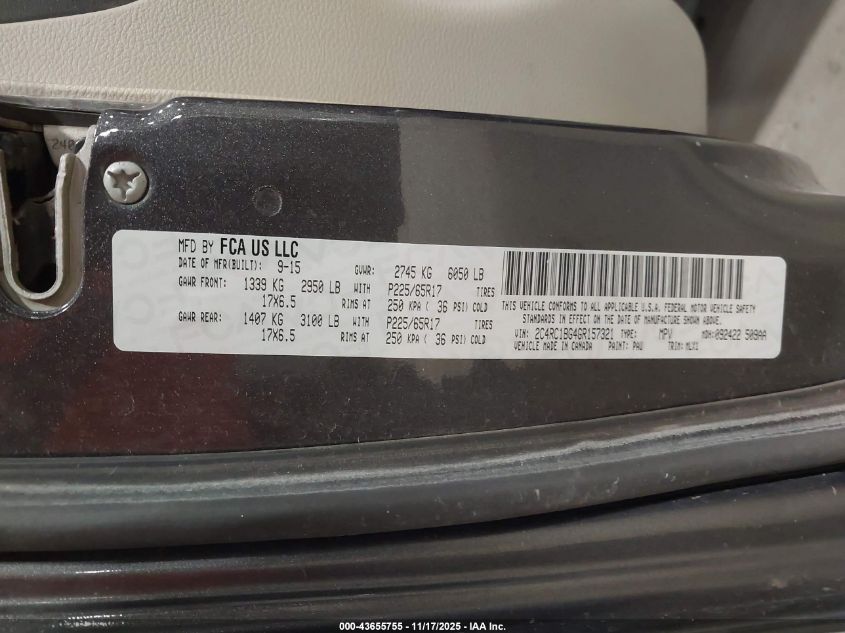 2016 Chrysler Town & Country Touring VIN: 2C4RC1BG4GR157321 Lot: 43655755