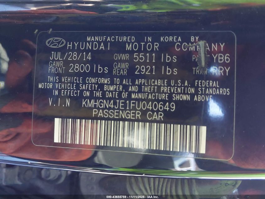 2015 Hyundai Genesis 3.8 VIN: KMHGN4JE1FU040649 Lot: 43655759