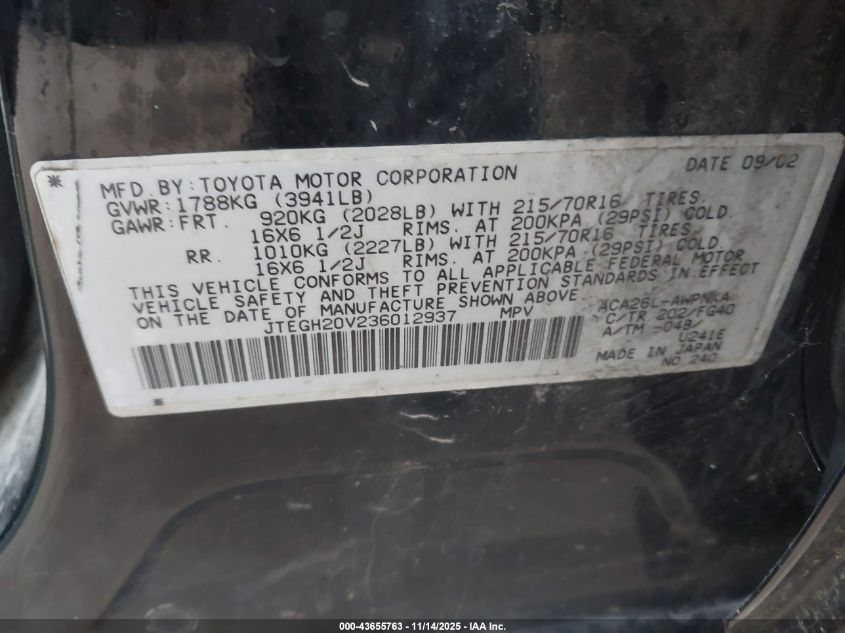 2003 Toyota Rav4 VIN: JTEGH20V236012937 Lot: 43655763