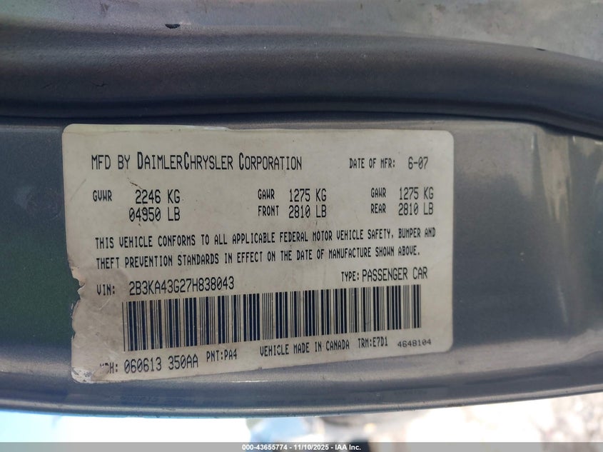 2007 Dodge Charger VIN: 2B3KA43G27H838043 Lot: 43655774