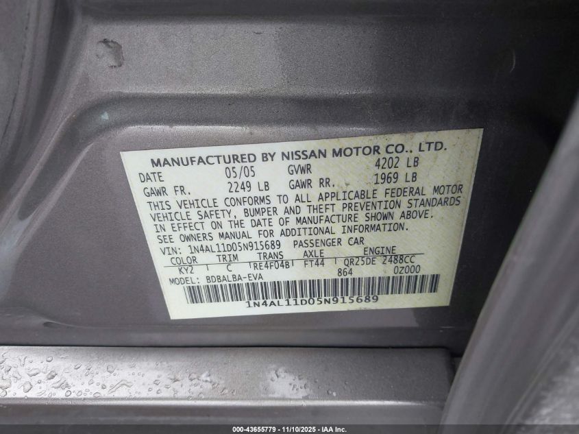 2005 Nissan Altima 2.5 S VIN: 1N4AL11D05N915689 Lot: 43655779