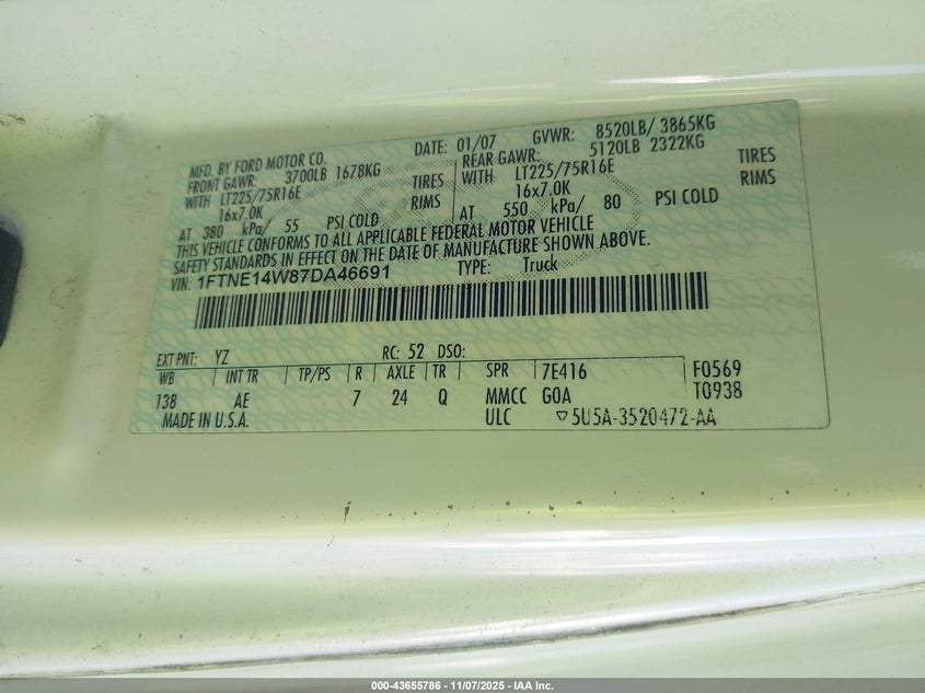2007 Ford E-150 VIN: 1FTNE14W87DA46691 Lot: 43655786