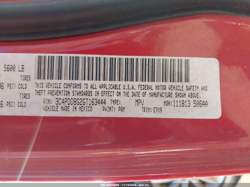 2016 Dodge Journey Sxt VIN: 3C4PDDBG2GT163444 Lot: 43655806