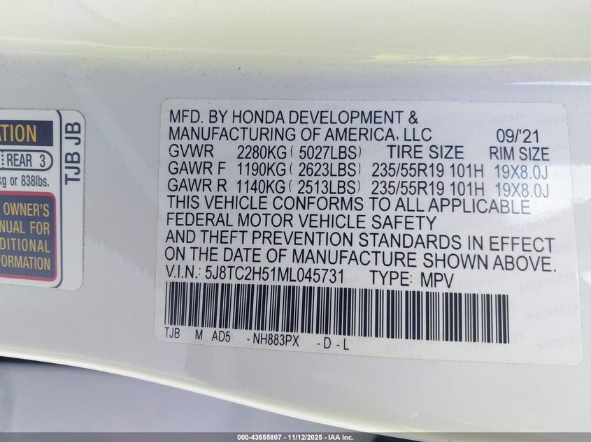 2021 Acura Rdx Technology Package VIN: 5J8TC2H51ML045731 Lot: 43655807