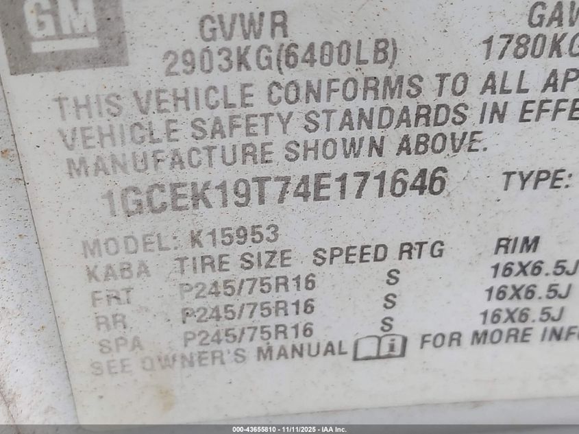 2004 Chevrolet Silverado 1500 Ls VIN: 1GCEK19T74E171646 Lot: 43655810