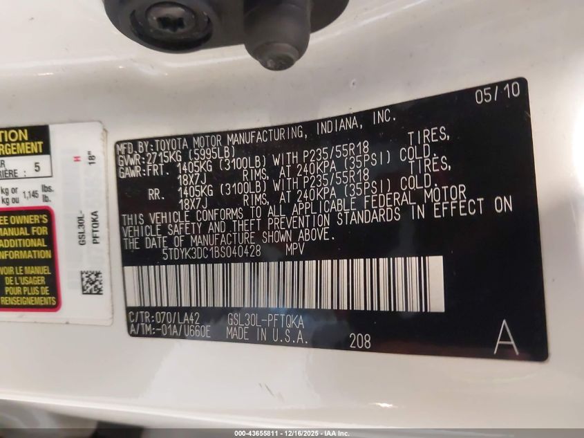 2011 Toyota Sienna Limited V6 VIN: 5TDYK3DC1BS040428 Lot: 43655811