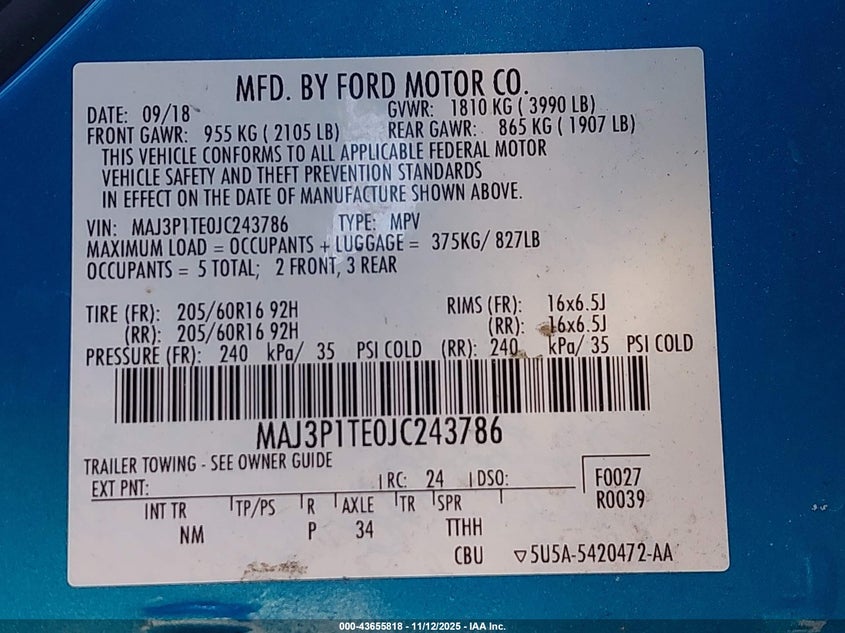 2018 Ford Ecosport Se VIN: MAJ3P1TE0JC243786 Lot: 43655818