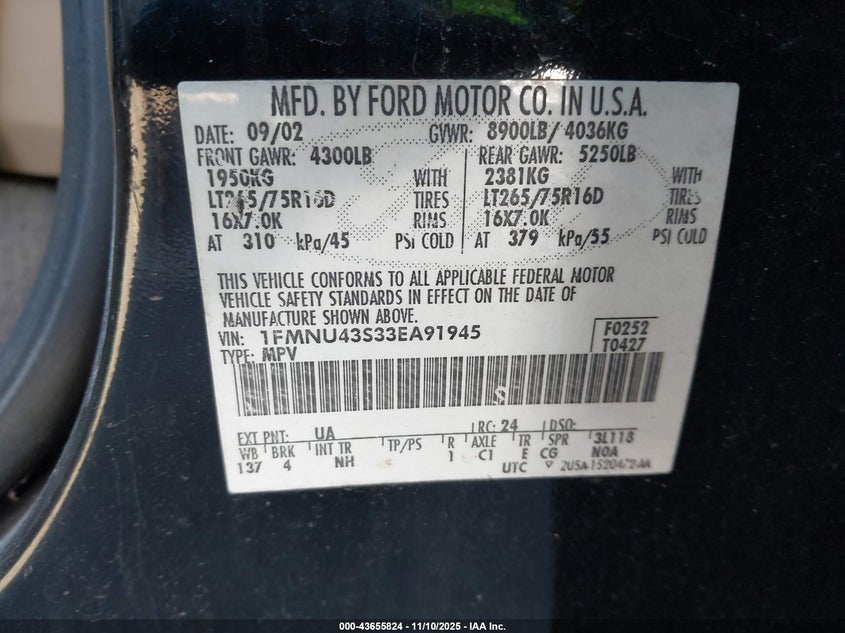 2003 Ford Excursion Limited VIN: 1FMNU43S33EA91945 Lot: 43655824