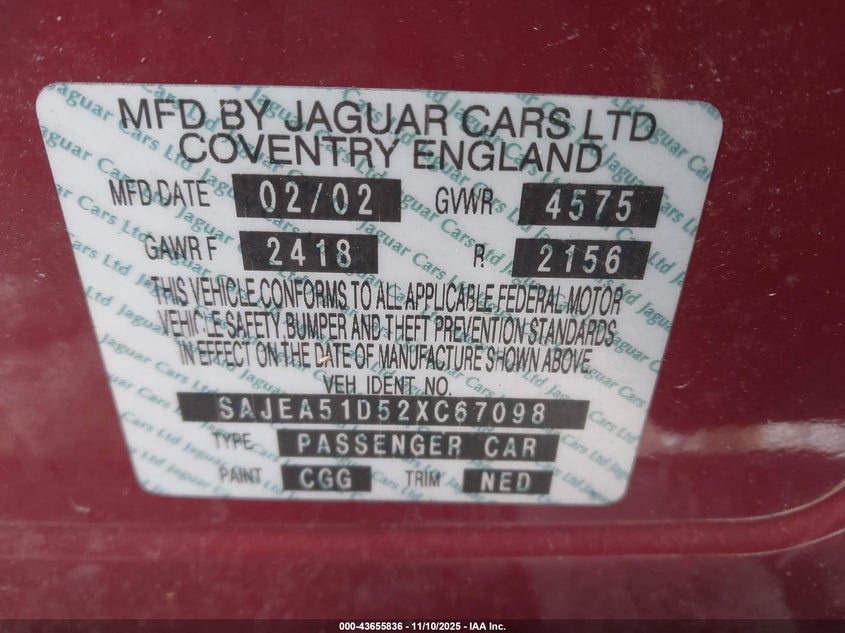 2002 Jaguar X-Type 2.5L VIN: SAJEA51D52XC67098 Lot: 43655836