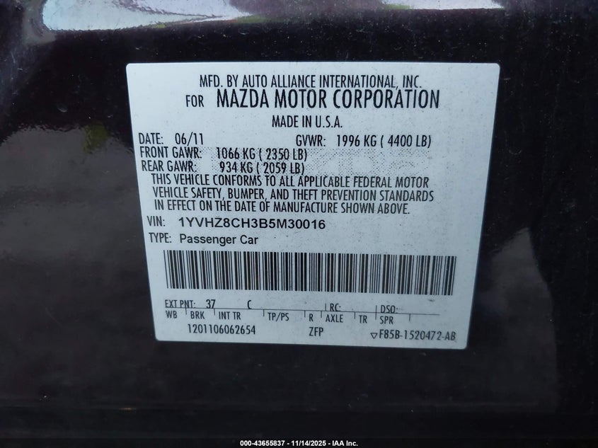 2011 Mazda Mazda6 I Touring VIN: 1YVHZ8CH3B5M30016 Lot: 43655837