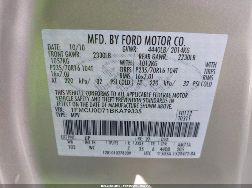 1FMCU0D71BKA79335 2011 FORD ESCAPE photo no. 9
