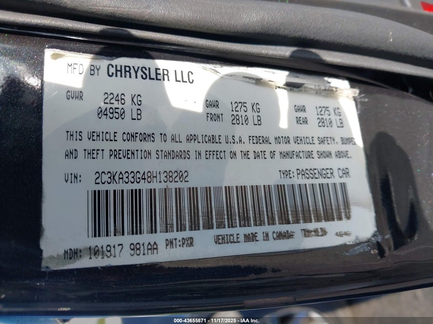 2008 Chrysler 300 Limited VIN: 2C3KA33G48H138202 Lot: 43655871