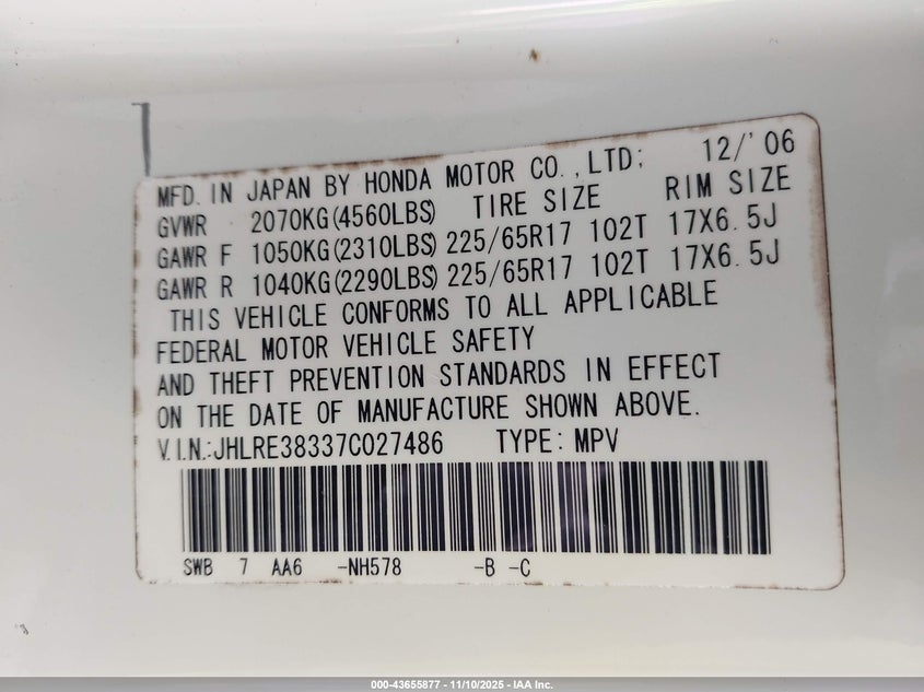 2007 Honda Cr-V Lx VIN: JHLRE38337C027486 Lot: 43655877