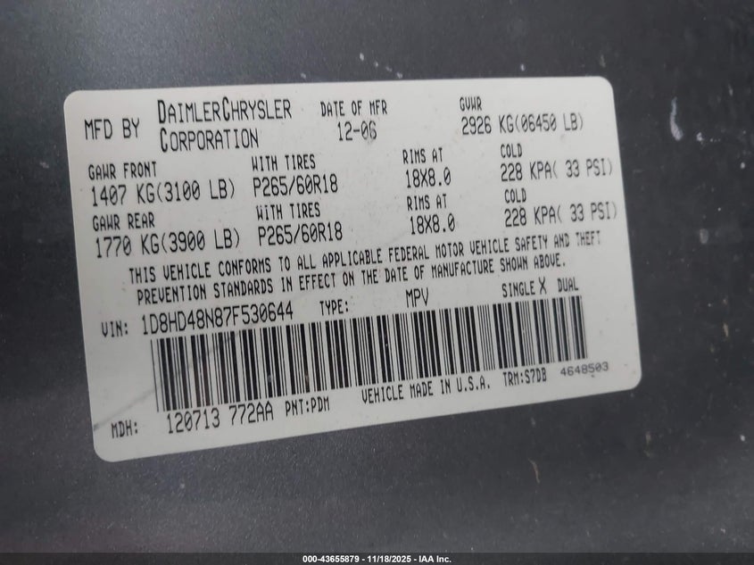 2007 Dodge Durango Slt VIN: 1D8HD48N87F530644 Lot: 43655879