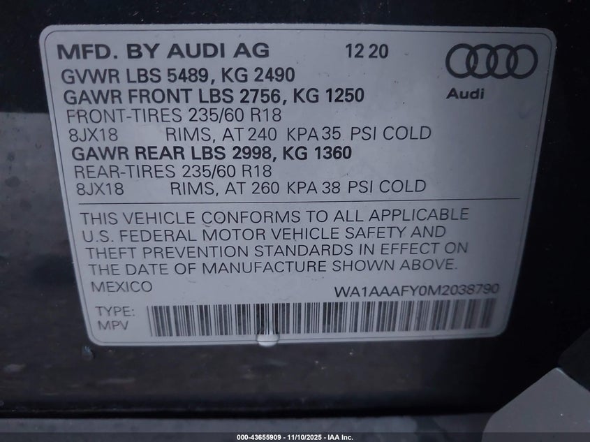 2021 Audi Q5 Premium 45 Tfsi Quattro S Tronic VIN: WA1AAAFY0M2038790 Lot: 43655909