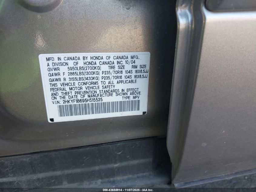 2005 Honda Pilot Ex-L VIN: 2HKYF186958515525 Lot: 43655914