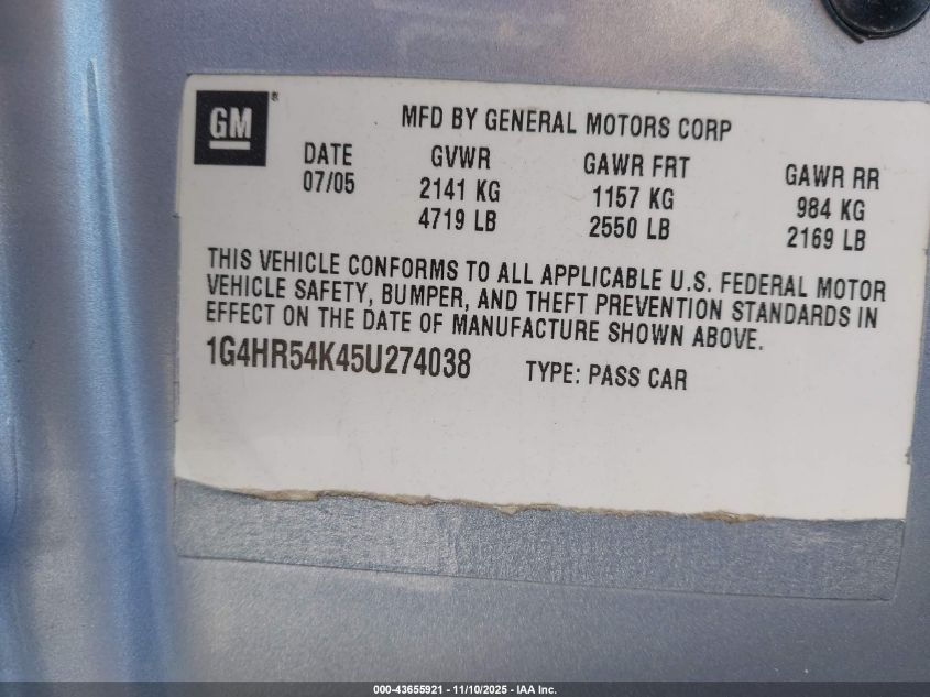 2005 Buick Lesabre Limited VIN: 1G4HR54KX5U161792 Lot: 43655921