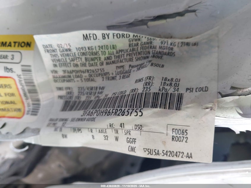 2015 Ford Fusion Se VIN: 3FA6P0H96FR265755 Lot: 43655928