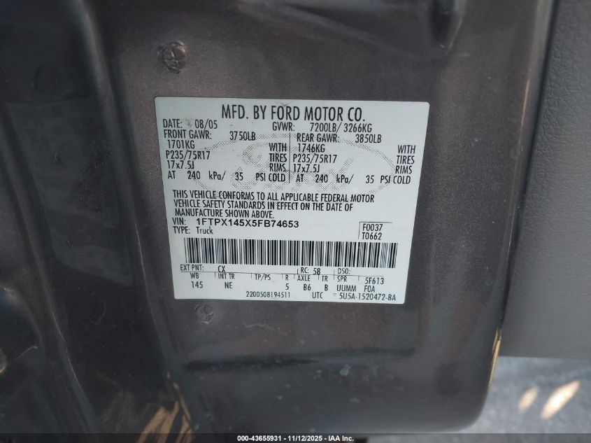 2005 Ford F-150 Fx4/Lariat/Xl/Xlt VIN: 1FTPX145X5FB74653 Lot: 43655931