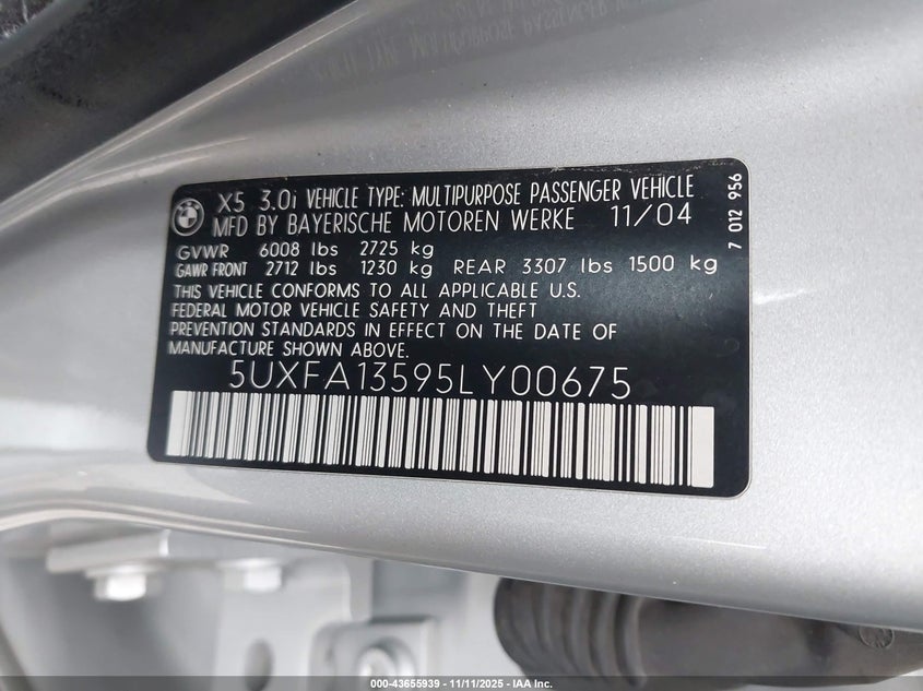2005 BMW X5 3.0I VIN: 5UXFA13595LY00675 Lot: 43655939