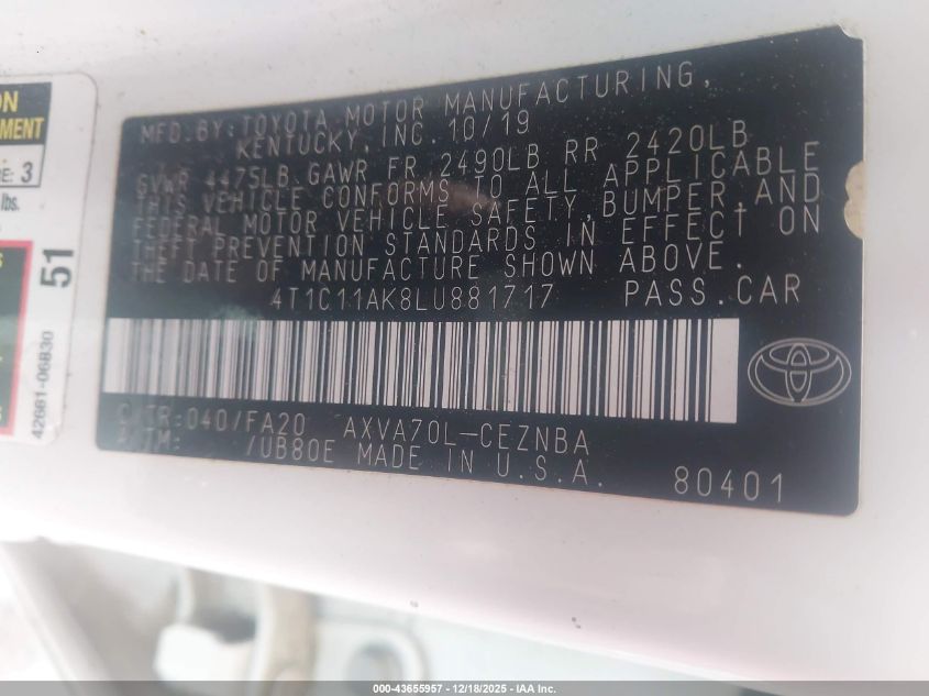2020 Toyota Camry Le VIN: 4T1C11AK8LU881717 Lot: 43655957