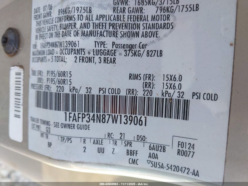 2007 Ford Focus S/Se/Ses VIN: 1FAFP34N87W139061 Lot: 43655963