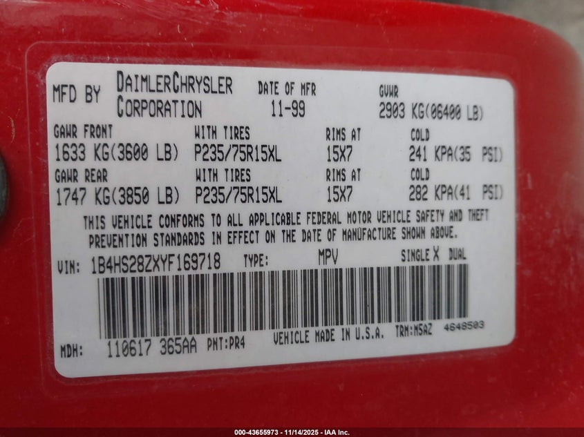 2000 Dodge Durango VIN: 1B4HS28ZXYF169718 Lot: 43655973