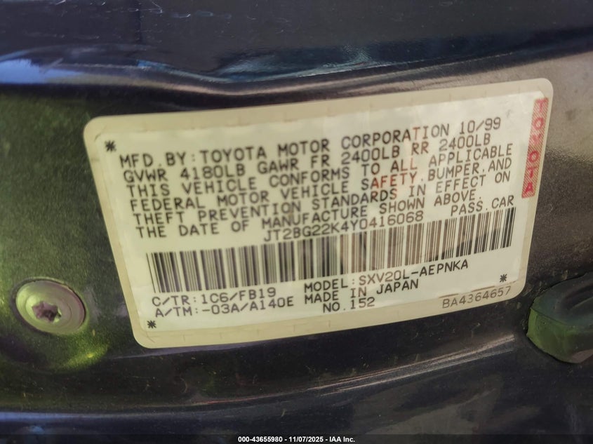 2000 Toyota Camry Le VIN: JT2BG22K4Y0416068 Lot: 43655980